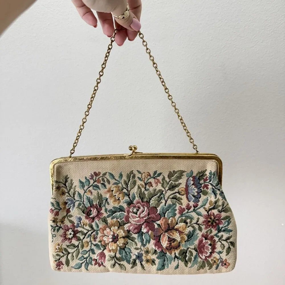 Vtg Needlepoint Tapestry Bag Handmade Floral Grandmacore 50s MCM Evening Classy